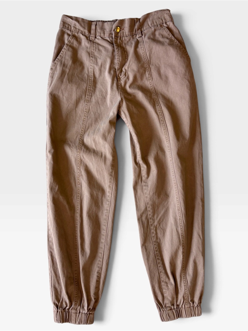 Revival Brown Khaki Cotton Jogger Pants Size M Elastic Waist Ankle Utility